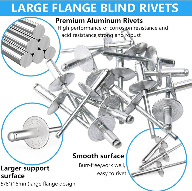 LAZIRO215PCS Pop Rivets Assortment Kit, Large Flange Aluminum Rivets(1/8" 5/32" 3/16") Assorted Blind Rivets with Case(Silver) (Rivets Assortment Kit) - Image 5